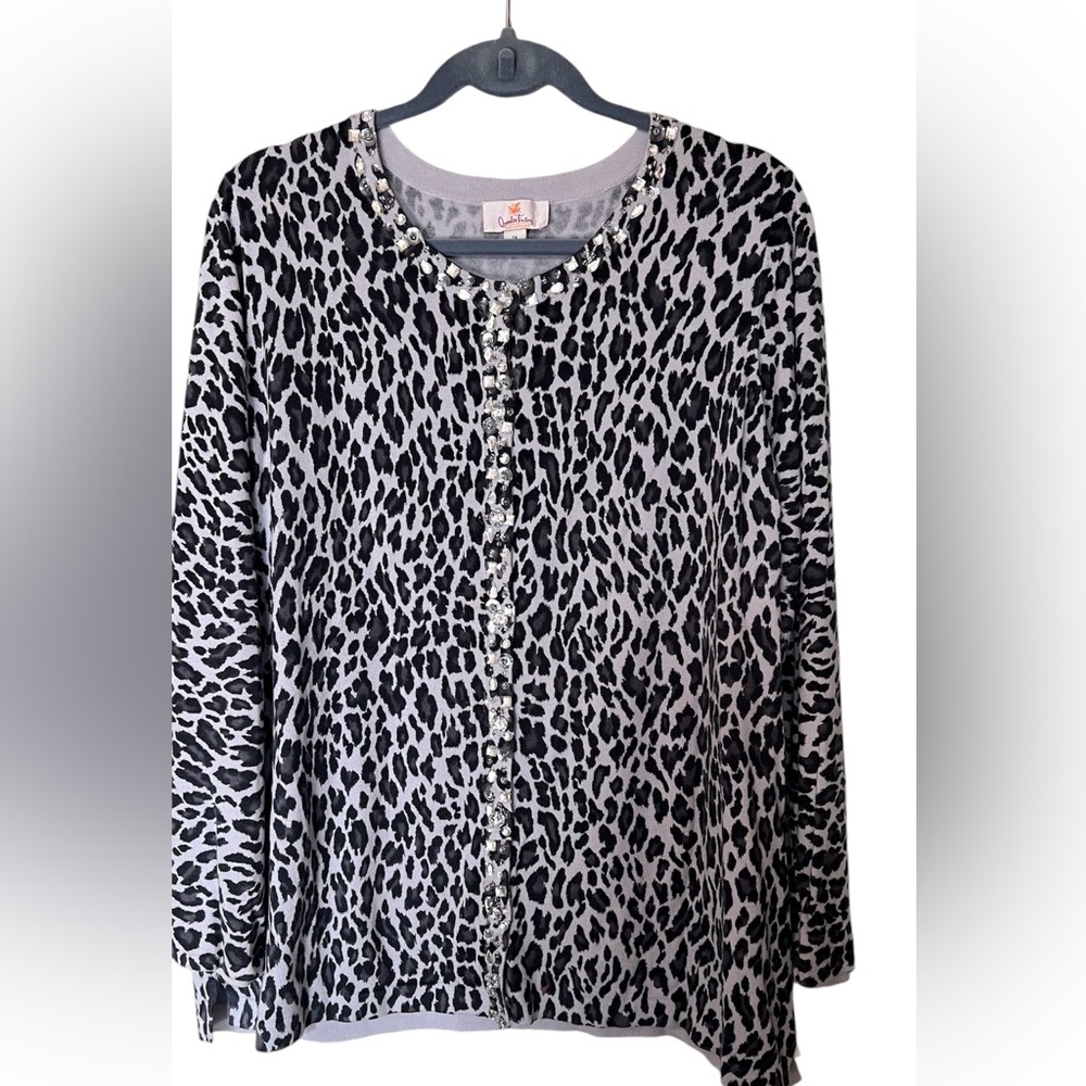Quacker Factory Leopard Print Cardigan Trimmed Wi… - image 1